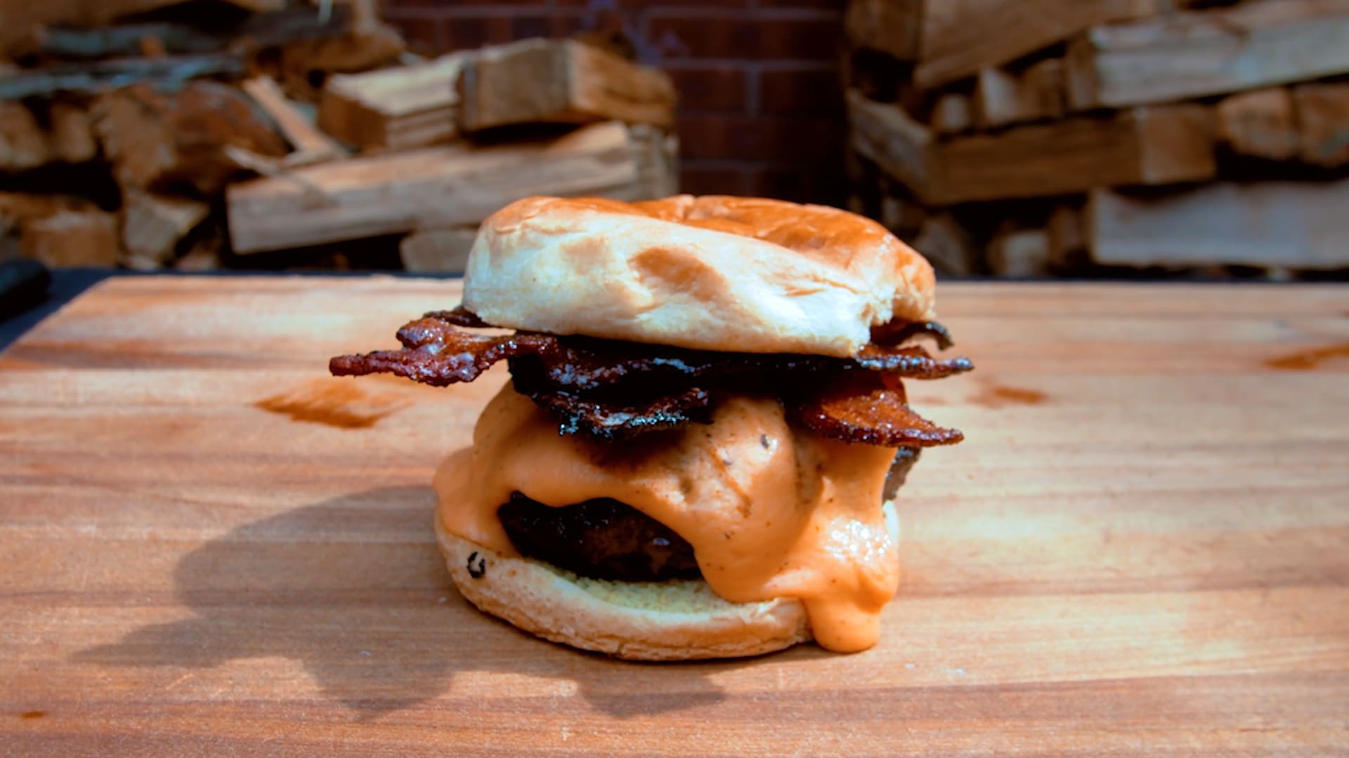Wagyu Burger with Beer Cheese and Crispy Bacon